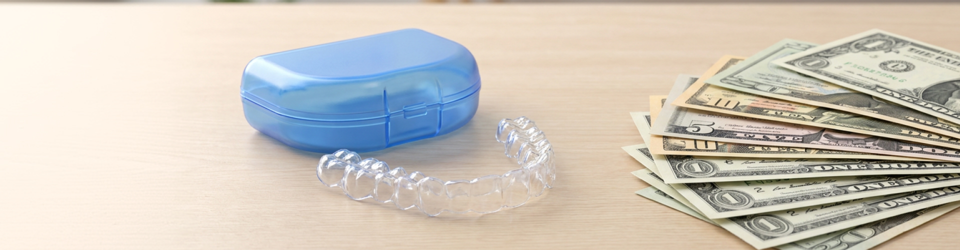 A clear dental aligner and blue storage case beside a stack of U.S. dollar bills on a wooden table.